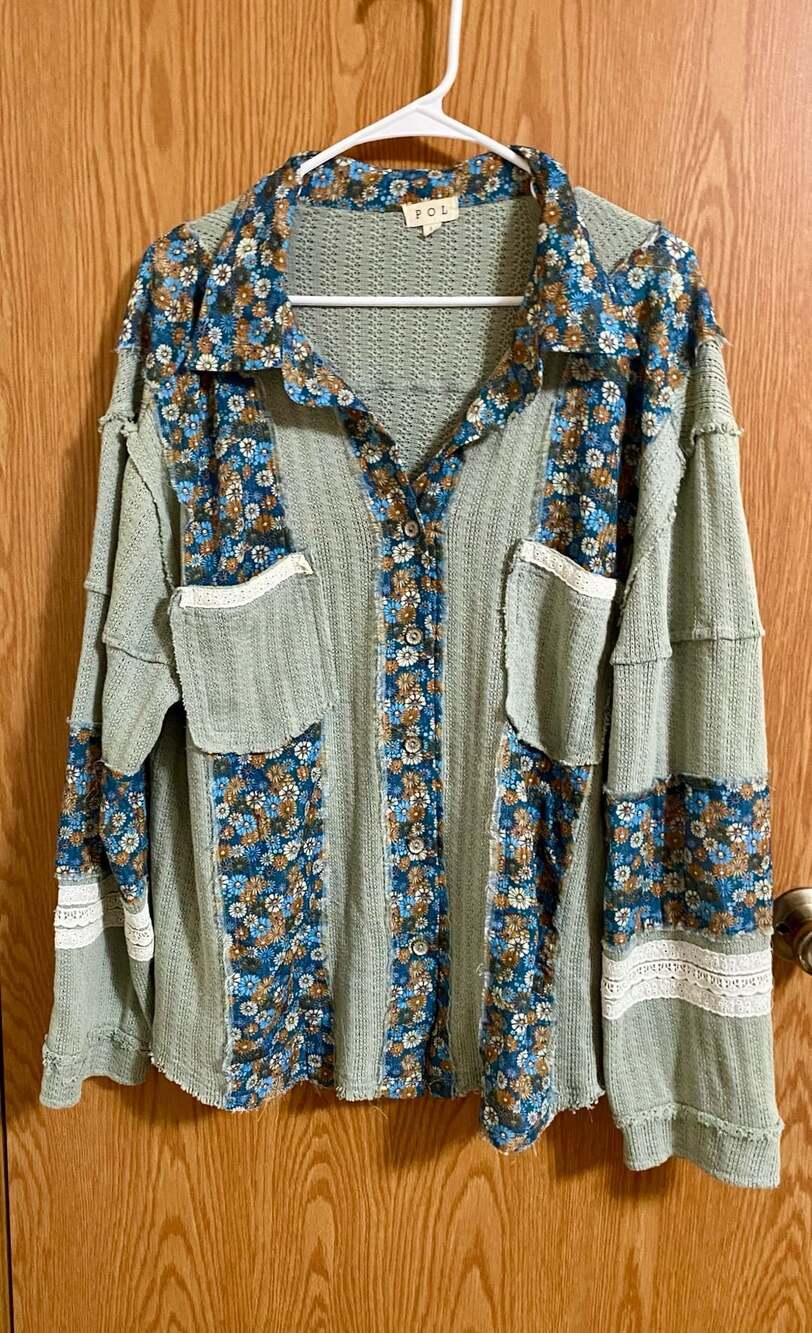 POL Olive Green Floral Print Mix & Match Waffle Knit Shacket Style UKT176